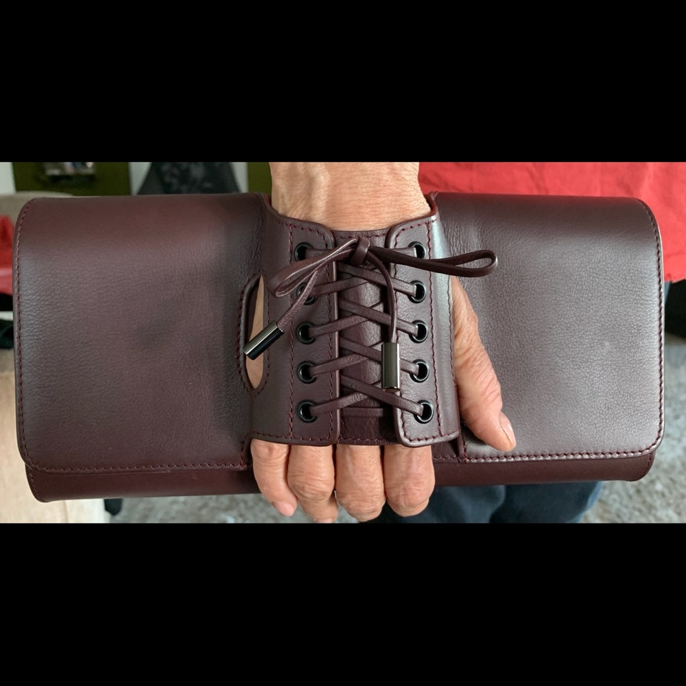 PERRIN PARIS Elegant Burgundy Clutch with Corset Lace-Up Detail